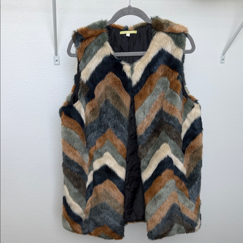 Gianni Bini Multicolor Chevron Faux Fur Vest — Brown, Black, Cream, Green